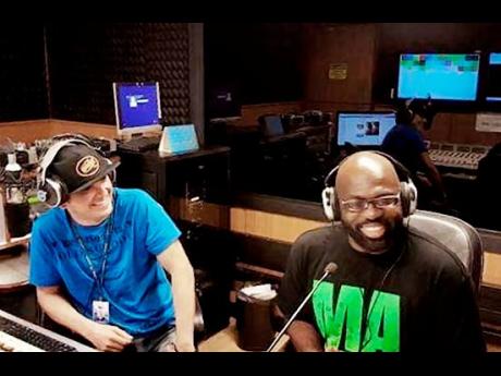 Richie Stephens at the Mirante FM radio station with DJ Waldiney. The disc jockey is grateful that Stephens could be of assistance and make the needed connections.