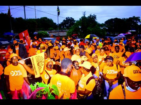 Anthony Minott/Photographer
PNP supporters await the arrival of their new party president Mark Golding outside the party headquarters on Old Hope Road, on Saturday, November 7, 2020. 
