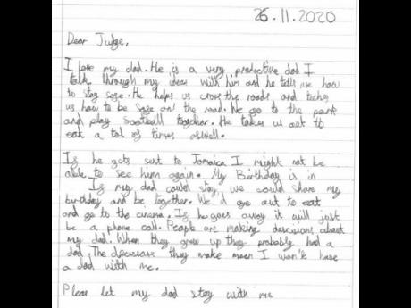 
Letter to judge from UK deportee’s 10-year-old son, begging for his father to remain in the UK.