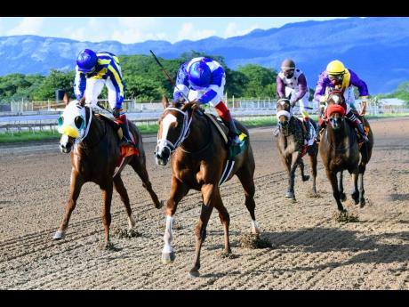 ANOTHER AFFAIR (centre), ridden by Anthony Thomas, defeats ONEOFAKIND, ridden by Dane Nelson, at Caymanas Park on Saturday, November 14.