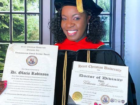 Glacia Robinson received an honorary Doctor of Divinity degree and Humanitarian Social Service Award from the Florida-based Heart Christian University.