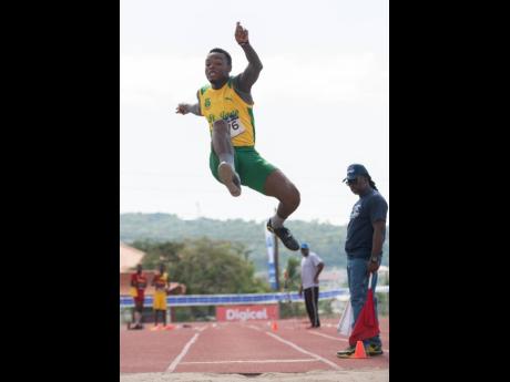 Kavian Kerr of St Jago High School executes his jump as he competes in the Class One Boys long jump event at the Purewater/Jamaica College/R Danny Williams Development meet held at Ashenheim Stadium in St Andrew on Saturday, January 4, 2020. 