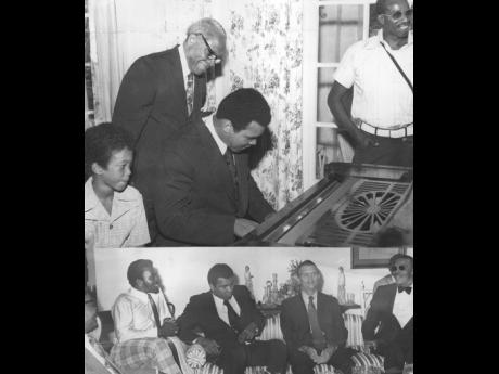 JIVING AT TOP AND PENSIVE BELOW: Muhammad Ali tickles the ivories (above) at King’s House on December 30, as his host, Governor General Sir Florizel Glasspole (behind him), smilingly approves the choice and the beat of the music, while Roger, son of the 