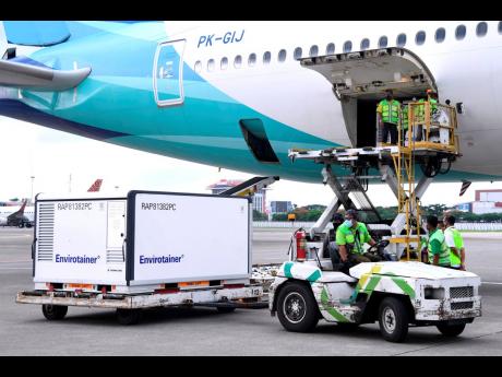 In this photo released by the Indonesian Presidential Palace, workers unload a container containing experimental coronavirus vaccines made by the Chinese company Sinovac from the cargo bay of a Garuda Indonesia plane at the Soekarno-Hatta International Air