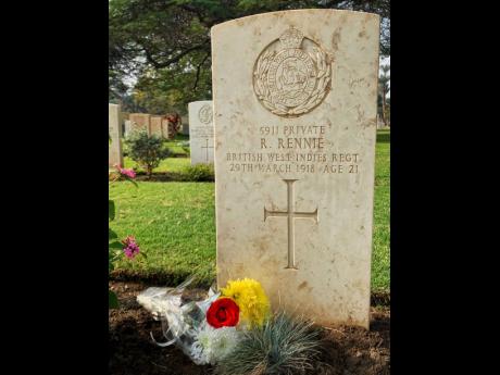 The tombstone of Private R. Rennie, one of dozens of Jamaicans who fought in World War I and who are buried in Egypt.