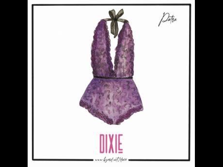 An illustration of ‘Patra’, Dixie’s bespoke, purple, lace teddy.