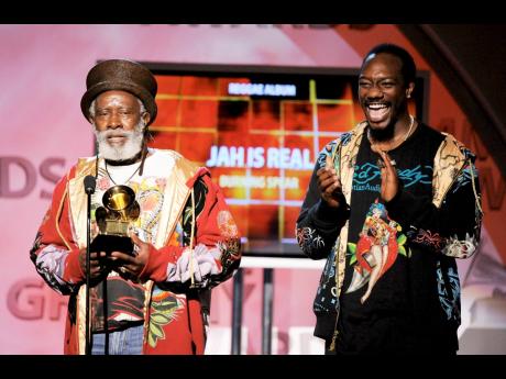 Burning Spear (left), and a member of the Burning Spear accept the award for best reggae album for ‘Jah is Real’ at the 51st Annual Grammy Awards on Sunday, February 8, 2009, in Los Angeles. 