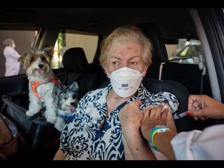 Maria Helena Alcantara gets a shot of the Sinovac COVID-19 vaccine while she sits in her car with her pets during a priority vaccination programme for seniors at a drive-thru site set up in the Pacaembu soccer stadium parking lot in São Paulo, Brazil, on 