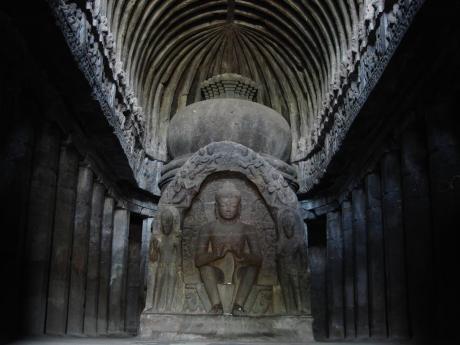 
Statue of Buddha carved in the ‘carpenter cave’ – the ceiling have been chiselled to look like wooden beams.