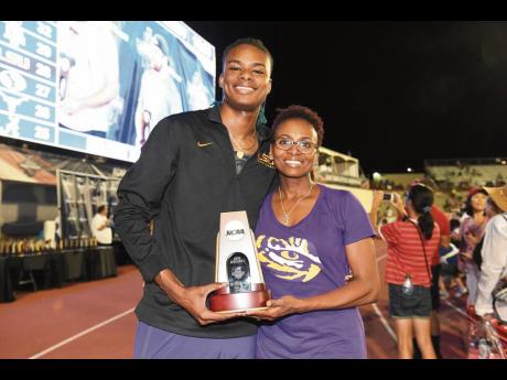 Louisiana State University athlete Juvaughn Harrison and his mother, Jamaican Georgia Harrison. 