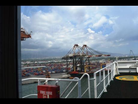 
The Kingston cargo port as viewed from a ship in the harbour.