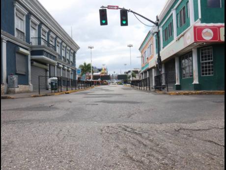 A view of the deserted St James Street, Montego Bay, during the lockdown on Sunday, March 28.