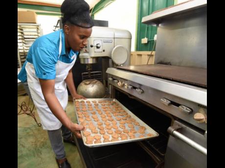 Karlene Johnson puts a batch of her breadfruit cookies into the oven.