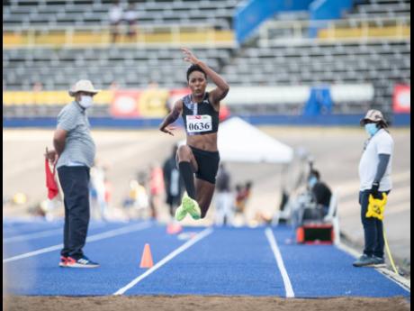 
Shanieka Ricketts competes in the senior women’s triple jump event at the JAAA Qualification Trials 3.6 held at The National Stadium on Saturday, March 13, 2021.