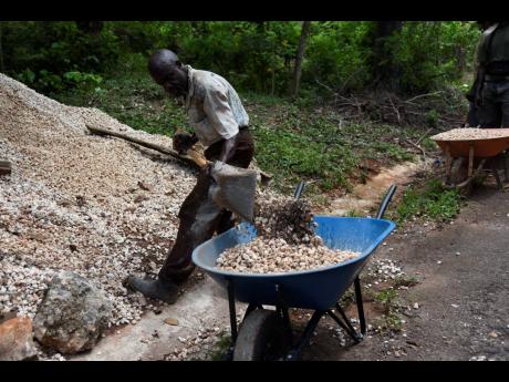 Orville Franklyn, seen here shovelling gravel in Mendez, St Catherine, in helping his older brother build his home. Franklyn has called for lockdown grants to be issued to hard-hit Jamaicans.