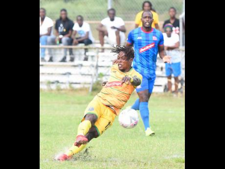 Vere United’s Nerado Brown in action against Dunbeholden during a  Premier League game at the Wembley Centre of Excellence in Hayes, Clarendon, on Sunday, February 16, 2020.
