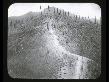In this 1902 photo provided by York Museums Trust, the seared landscape is seen following the eruptions of La Soufrière, a volcano on the island of St Vincent in the Caribbean. 