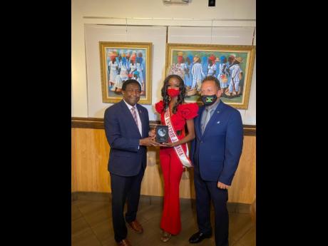 From left: Mayor of Broward County Dale V.C. Holness, Miss Universe Jamaica 2020 Miqueal-Symone Williams and Oliver Mair, Jamaica's consul general to Miami, at a meet-and-greet welcome reception hosted at Island Space Caribbean Museum in Westfield Broward 