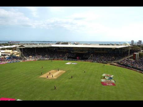 A view of the George Headley Stand at Sabina Park with the Kingston Harbour in the background. 