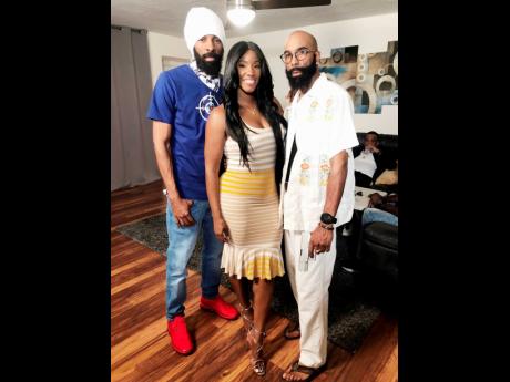 Dancehall artiste Spragga Benz, who plays ‘David’; Merlisa Determined, who plays ‘Dana’, and Jhonn de La Puente, ‘Alpha’ on the set of the movie, ‘Second Chance’.