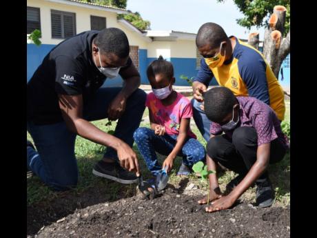 Robert Morgan (left), minister of state in the Ministry of Education; Floyd Green (second right), minister of agriculture and fisheries, assist wards at the Nest Children’s Home in St Andrew to plant vegetables during the launch of a Backyard Garden Proj