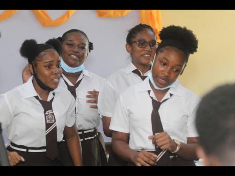 Members of the drama group ‘Anonymous’: Shantoya McLennon, Sasha Gay Mitchell, Mickiesha Becaroo and Tahjea Morris, students of Central High School, May Pen, Clarendon, during the launch of Global Integration Society.