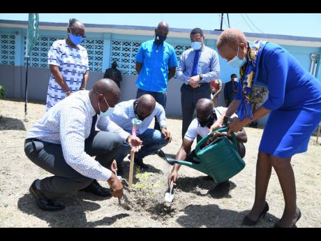 Standing (from left): Sharon Dale, chairman, St Catherine High School Board; Ainsley Henry, CEO and conservator of forests, Forestry Department; and Prime Minister Andrew Holness looking while (stooping, from left) Principal Marlon Campbell; Dr Andrew Whea