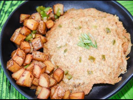 Introducing Oatopia: a vegan omelette made from oats. It is served with breakfast potatoes.