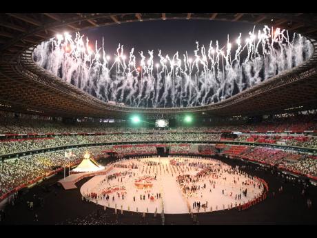 A pyrotechnic display during the opening ceremony at the Tokyo 2020 Olympics held at the Olympic Stadium in Tokyo, Japan on Friday, July 23, 2021.