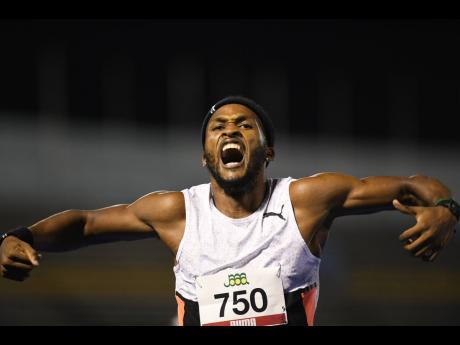 Jaheel Hyde celebrates his win in the men’s 400m hurdles final at the 2021 JAAA National Junior and Senior Championships at the National Stadium on Friday, June 25.
