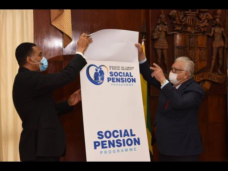 Prime Minister Andrew Holness (left) and Minister of Labour and Social Security Karl Samuda unveil the logo for the Government’s newly launched $800-million Social Pension Programme, during a virtual ceremony from Jamaica House last Friday.