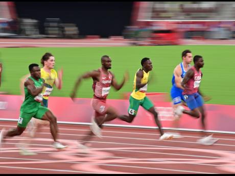 Jamaica’s Oblique Seville (third right) competing in the men’s 100 metres semi-final at the Tokyo 2020 Olympics at the Tokyo Olympic Stadium in Tokyo, Japan, on Sunday.