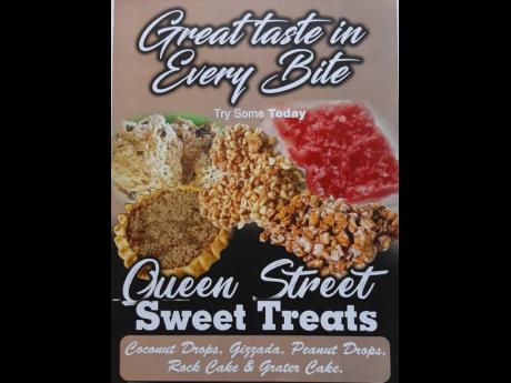 Products offered by Queen Street Sweet Treats, along with its slogan.