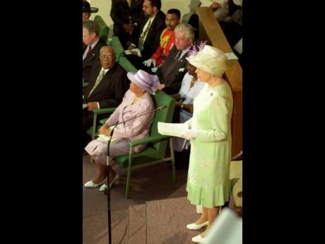 
Queen Elizabeth II in Parliament during her visit to Jamaica in February 2002
