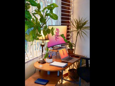 A home office can benefit from having a few potted plants whether on the table, floor or hanging from the ceiling. 