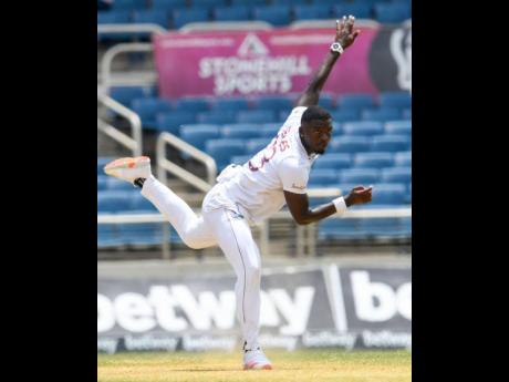 
West Indies pacer Jayden Seales in action against Pakistan on day three of their second Test match, at Sabina Park in Kingston yesterday.