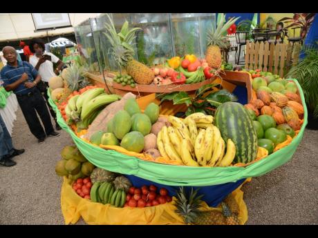 Food display mounted at the annual Denbigh Agricultural Show in Jamaica on July 30, 2016.