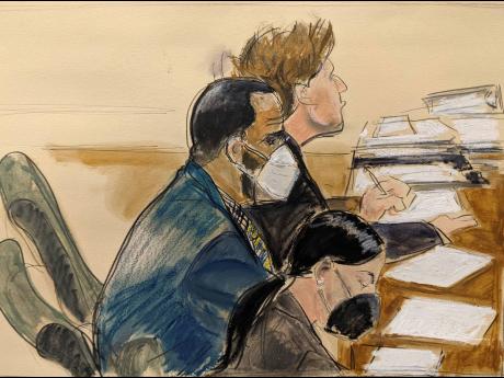 In this courtroom artist's sketch, R Kelly (centre) listens during his trial in New York last Thursday.