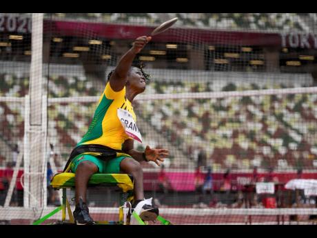 Jamaica’s Sylvia Grant competes in the women’s F57 seated discus throw final during the 2020 Paralympics at the National Stadium in Tokyo, Japan, on Saturday, August 28, 2021.