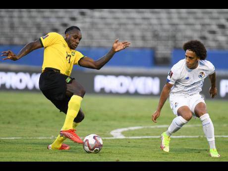
Jamaican striker Michail Antonio tries to get the better of Panama’s Adalberto Carrasquilla Alcazar during the Jamaica vs Panama Concacaf FIFA World Cup qualifier at the National Stadium on Sunday, September 5, 2021. Panama won 3-0.