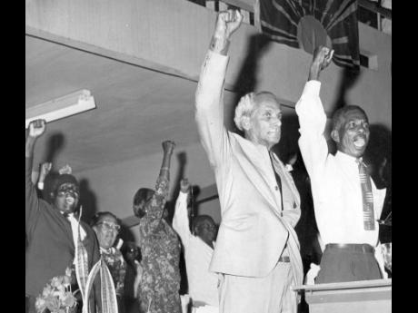 
Norman Manley (left) with Clarence Davidson the party’s song leader at the party’s 30th Annual Conference in 1968 where Manley gave his final presidential address.