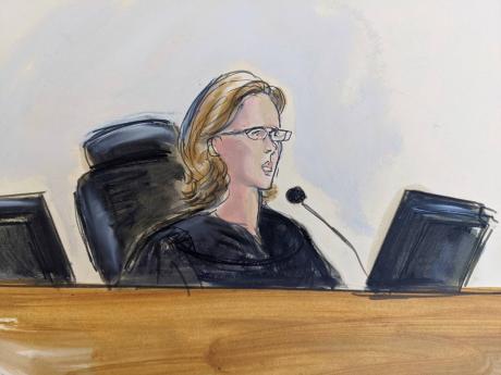 In this courtroom sketch, Judge Ann Donnelly addresses the jury and asks the foreperson for their verdict, on Monday, September 27, 2021, in New York. 
