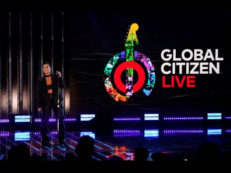 Singer Demi Lovato performs during the 2021 Global Citizen Live event on Saturday at the Greek Theatre in Los Angeles.