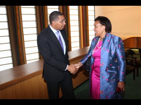 File 
Prime Minister Andrew Holness exchanges pleasantries with Secretary General of the Commonwealth, Patricia Scotland, as she arrives for talks at the United Nations Headquarters in New York, United States, on September 25, 2018.