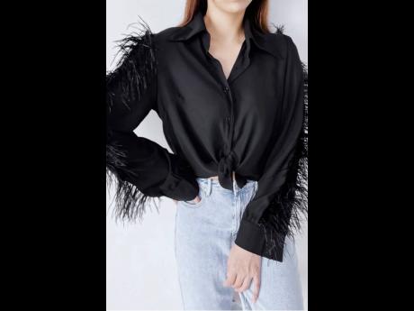 Left: Embellished sleeves are in and this feather embellished shirt fits the bill. 