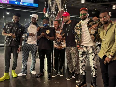 From left: Kemar Highcon, Kranium, Barrington Levy, Dexta Daps, Cham, Konshens and Teejay Uptop Boss at the Barclays Centre in New York on Saturday. 