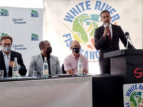 (From left) Kyle Mais, director, Jamaica Inn Foundation; Rojah Thomas, commercial director, Caribbean Producers Jamaica Limited, and Alan Beckford, race director, Swim for the Sanctuary, listen intently as Dr Carey Wallace, executive director, Tourism Enha