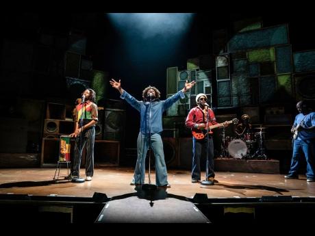 Jacade Simpson as Bunny Wailer(left) ArinzéKene as Bob Marley (centre), Natey Jones as Peter Tosh (right) in the West End musical, Get up, Stand Up!