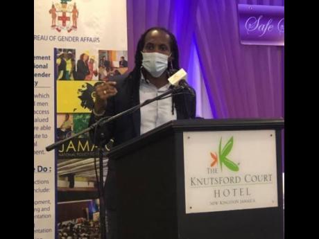 Alando Terrelonge, state minister in the Ministry of Culture, Entertainment, Gender and Sports, addressing yesterday’s public forum on the elimination of violence against women at the Knutsford Court Hotel in New Kingston.