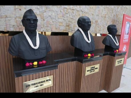 Busts of (from left) Tribhuvandas Patel, founder of the Kaira District Co-operative Milk Producers’ Union in 1946; Sardar Vallabhbhai Patel, independent India’s first deputy prime minister; and Dr Verghese Kurien, social entrepreneur and ‘Father of t